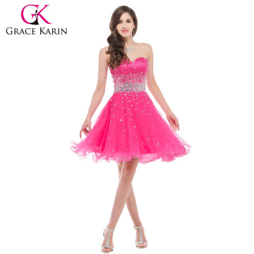 Großhandel charmante Hot Pink Organza Schatz Perlen Ballkleid Cocktailkleider kurz CL6145-2